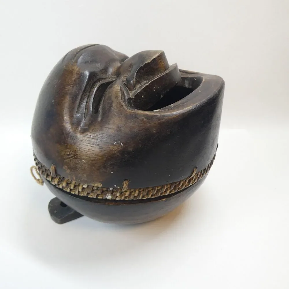 Hand Carved Wooden Face Bowl Mask Lid Vintage MCM Tribal Open Mouth